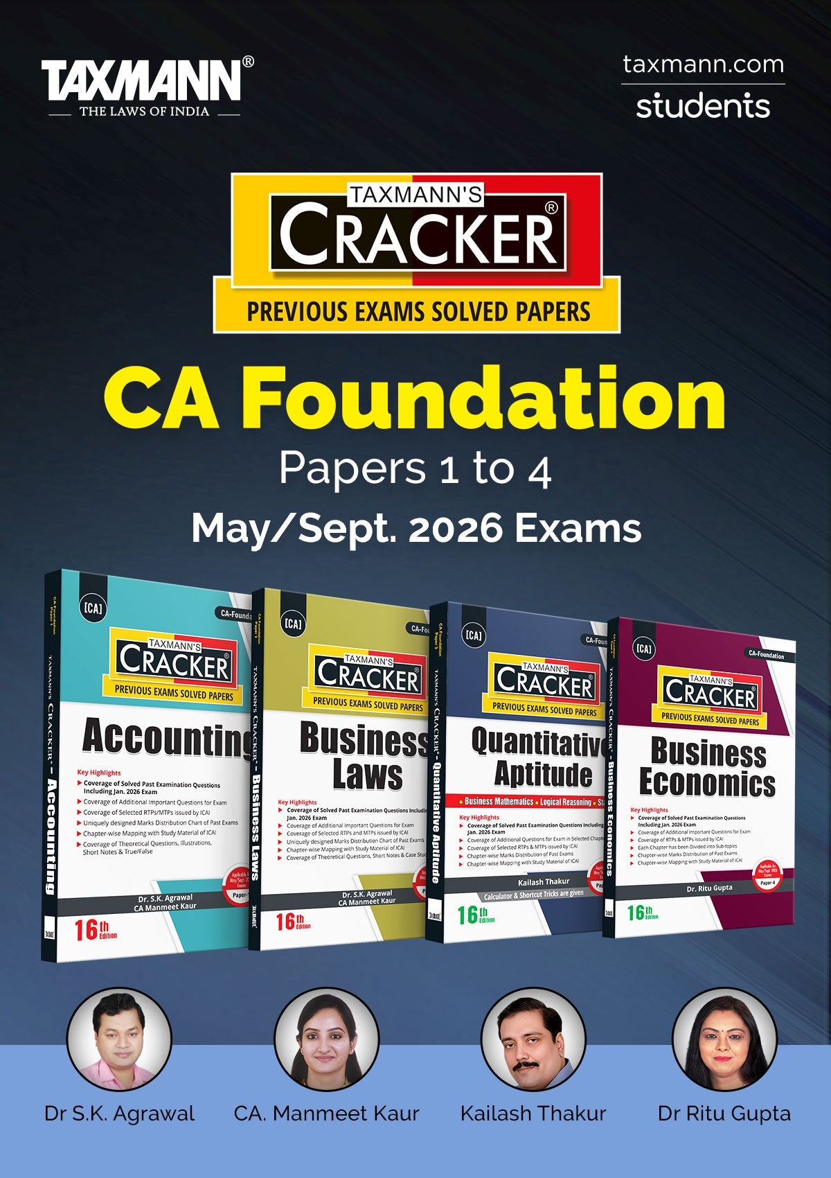 Taxmann's CRACKER COMBO for CA Foundation | May/Sept. 2026 Exams – Papers 1 to 4 | CRACKER Series | Accounts, Law, Maths, LR & Stats, and Economics | February 2026 Edition | Set of 4 Books Taxmann
